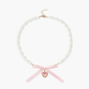 Cider Pearl Necklace with Pink Ribbon and Heart Pendant